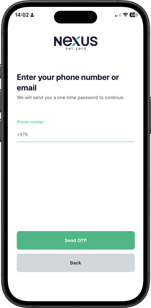 Nexus app sign in screen